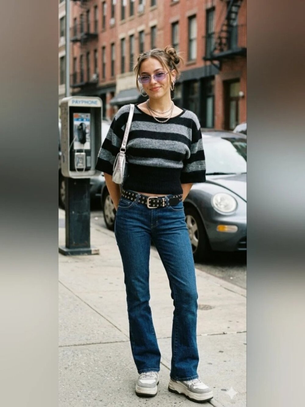 Y2K Black Gray Striped Angora Blend Short Sleeve Sweater Size M